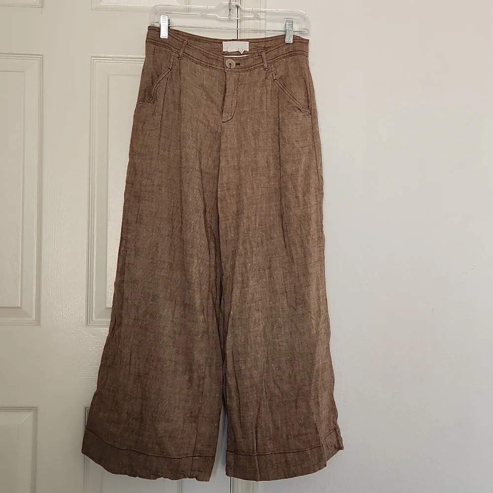 Anthropologie Linen Low-Rise Wide Leg Pants Tan Beige Waist 29 - Picture 10 of 15